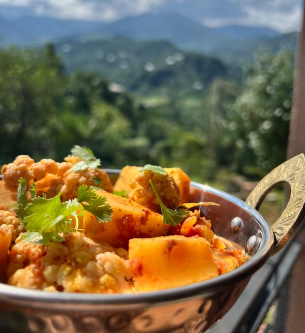 Plate of Aloo Gobi with cauliflower and potatoes, garnished with fresh coriander