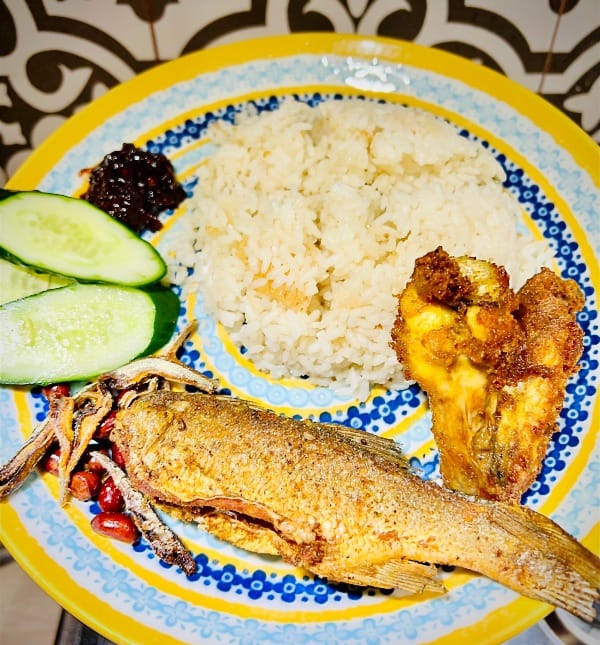 Nasi Lemak served with coconut rice, sambal, crispy fish, fried chicken wings, and traditional Malaysian toppings.